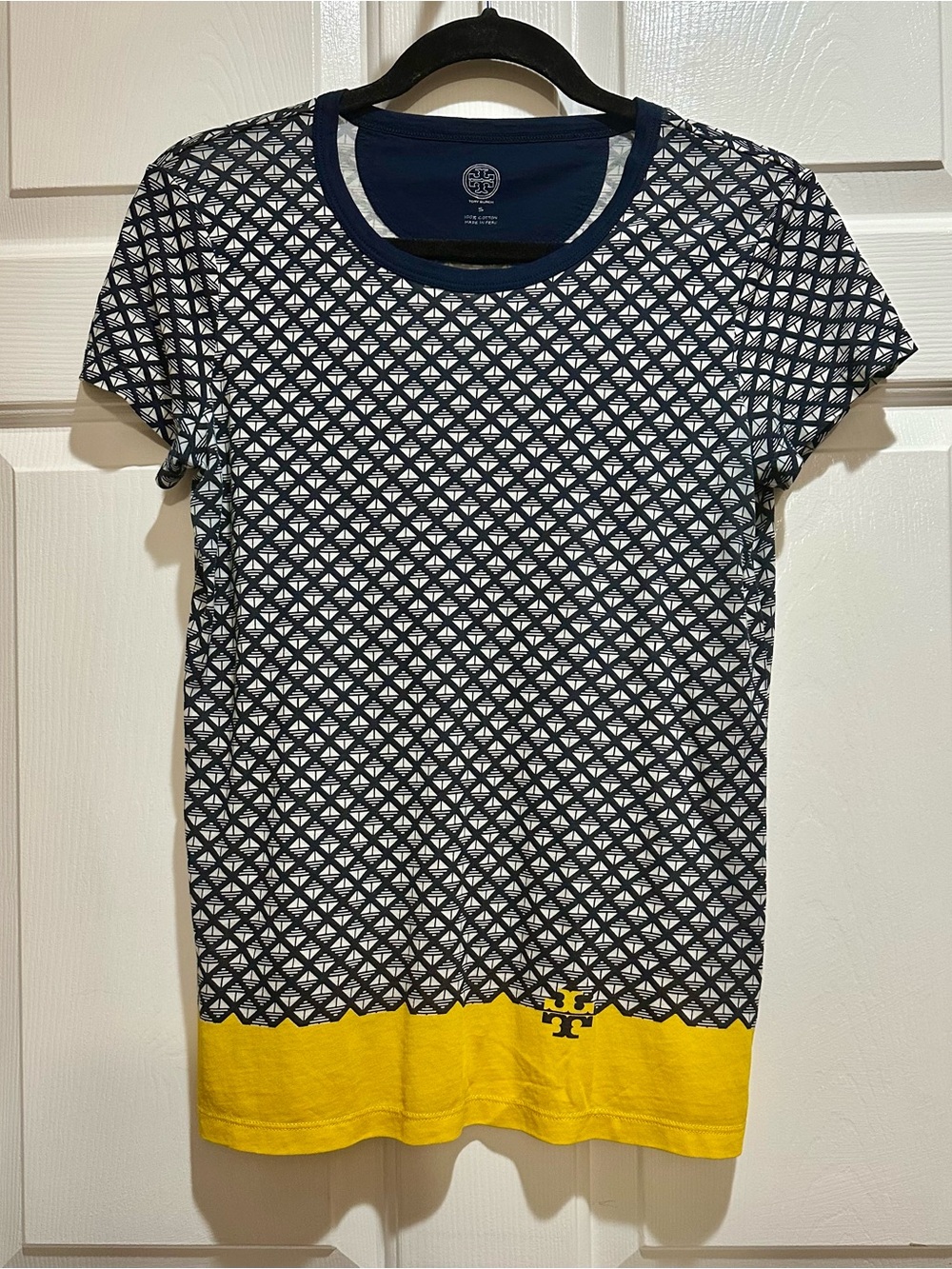 Tory Burch Navy Geometric Short Sleeve Tee with Yellow Hem